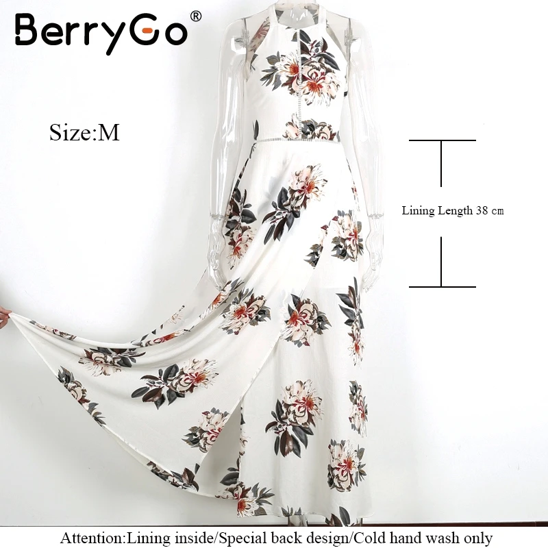 BerryGo Floral print halter chiffon long dress Women backless 2018 maxi dresses vestidos Sexy white split beach summer dress