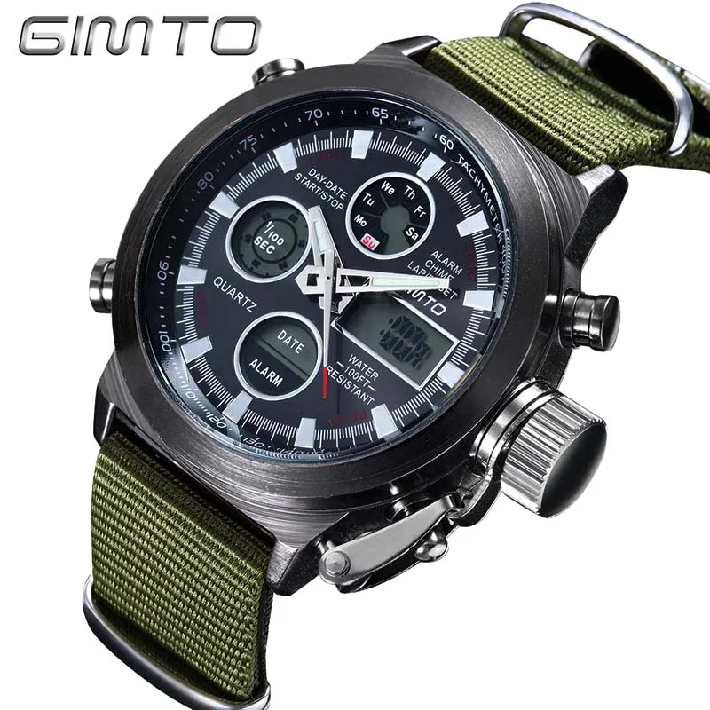 GIMTO Quartz Digital Sports Watches Fashion Army Cool Men Military Watch Canvas Strap Sports Casual