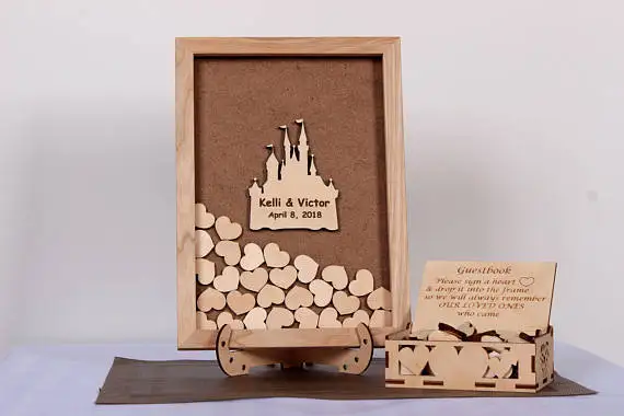 

personalize mr&mrs castle Rustic wedding engraved Alternative Wooden memory guestbooks with heart drop box signature guest