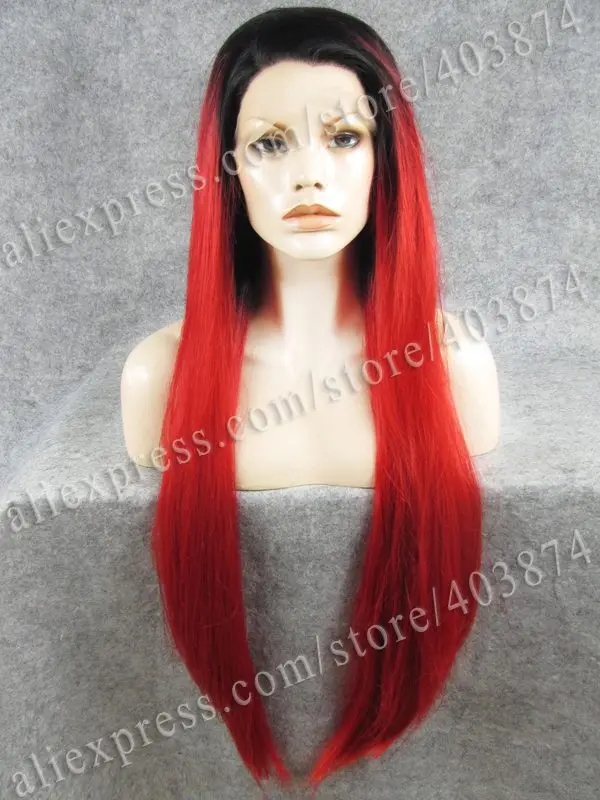 

76cm Extra Long Black Straight Heat Resistant Black Root Mixed Red Ombre Wig Synthetic Lace Front Wig