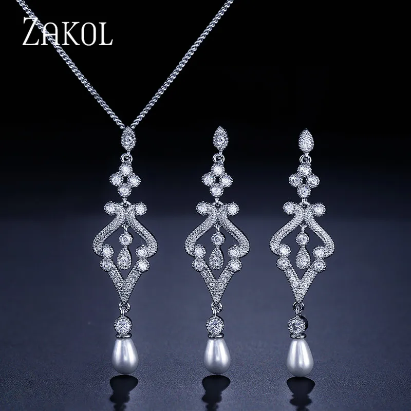 

ZAKOL Trendy White Color Jewelry Set Imitation Pearl Water Drop Charms Ladies Jewelry For Party FSSP265