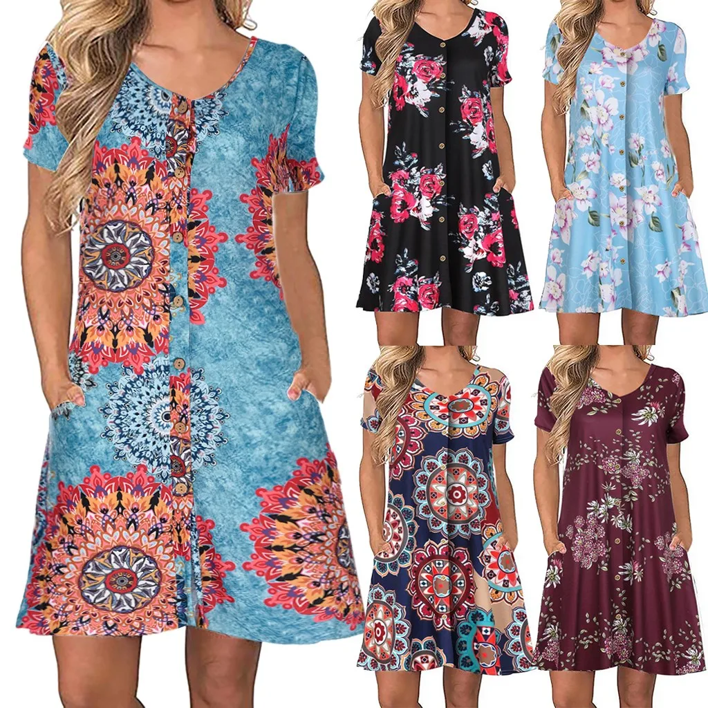 casual dress Women's Short Sleeve  Print Button Pocket Casual Dress plus size party dress dropshipping
