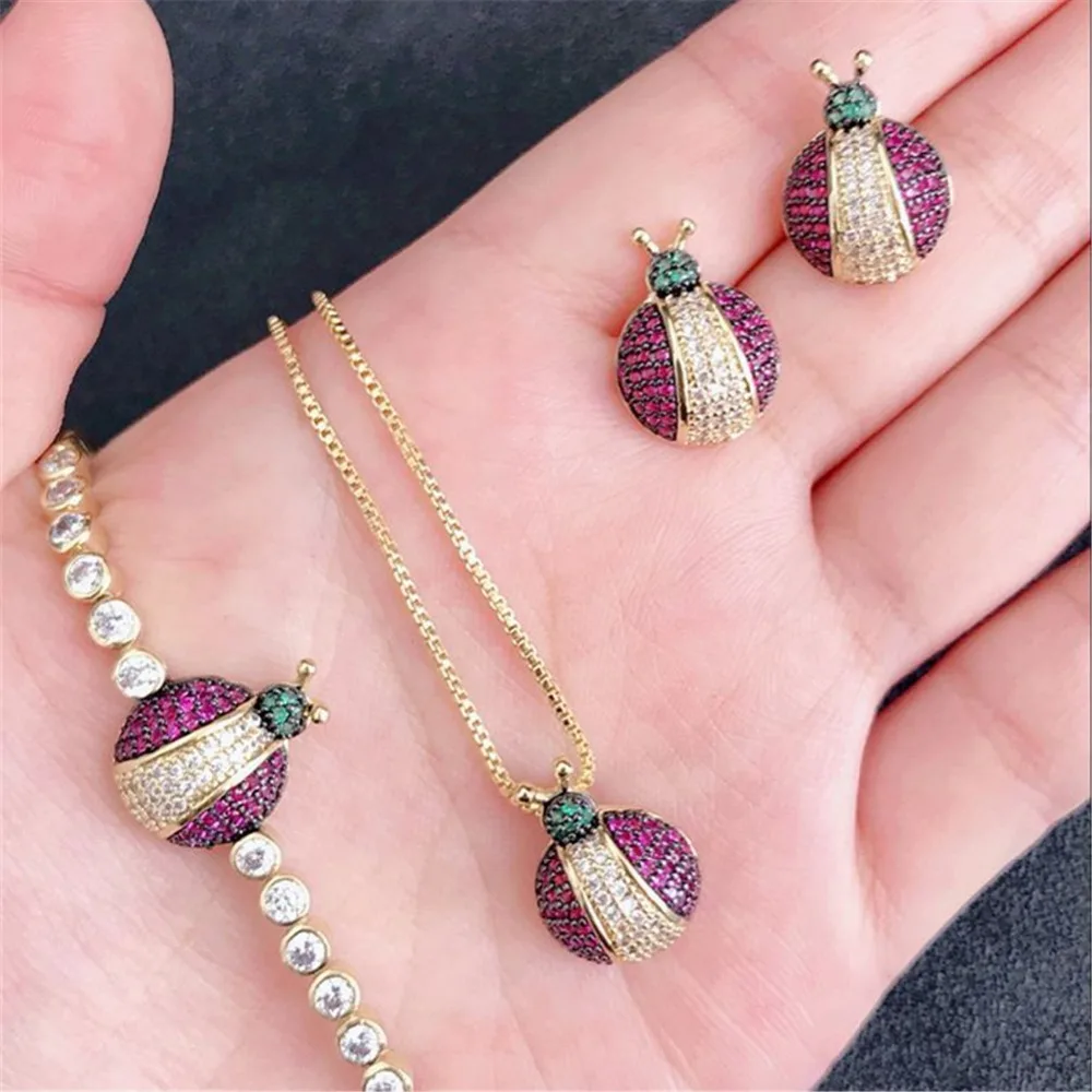 

Luxury micro pave setting AAA multicolour stones beeteels stud earrings and pendant necklace and bracelet set for women,S8339G