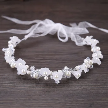 

Charming Bride Tiara Handmade Crystal Pearl Flower Headdress Wedding Accessories Hair Ribbon Crown Headpiece Women Hair Jewelry