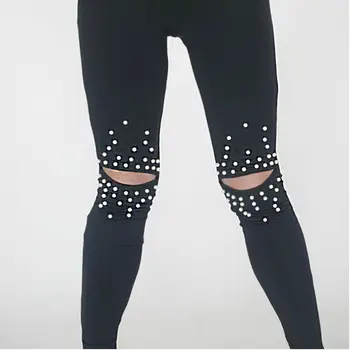 

New Womens Leggings Stretch Cut Hole Knee Bead Decoration Women Pants Skinny High Waist Slim Ladies Leggings