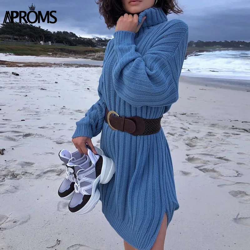 Aproms элегантное однотонное трикотажное платье-свитер с высоким воротником женские осенние сексуальные зимние платья с длинным рукавом с разрезом по бокам женские