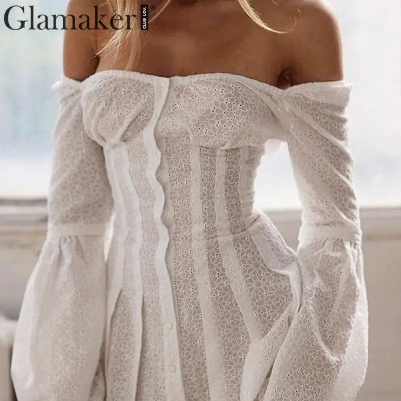 Glamaker плиссированное белое платье трапециевидной формы с открытыми плечами, женское облегающее платье с рукавами-фонариками, повседневное открытое хлопковое короткое платье