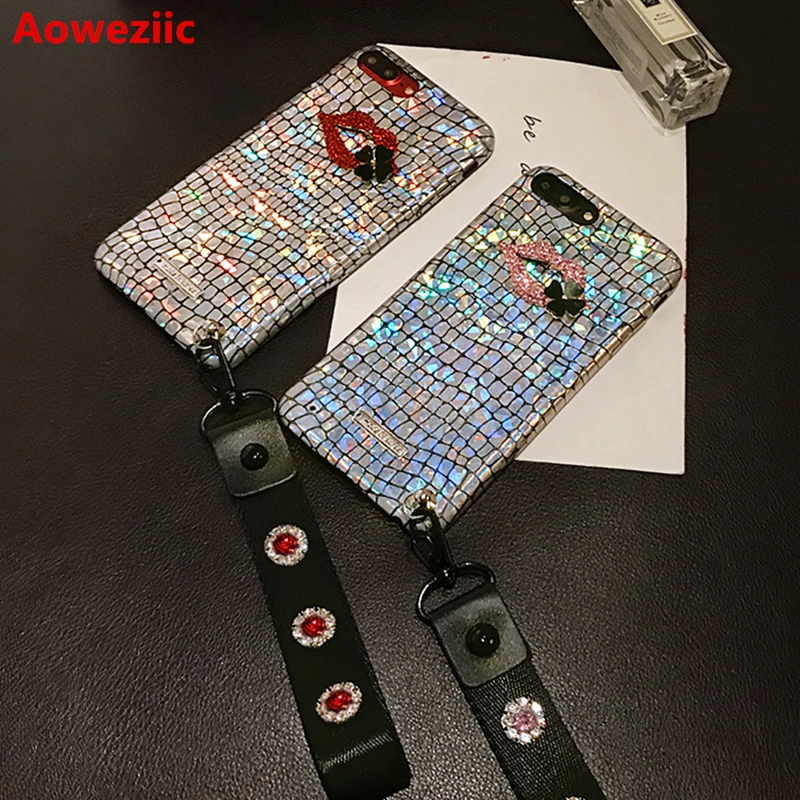 Aoweziic Laser XS XR MAX mobile phone shell luxury For iphone X leather lip hanging 6S 7 8Plus Chao brand air water drill girl