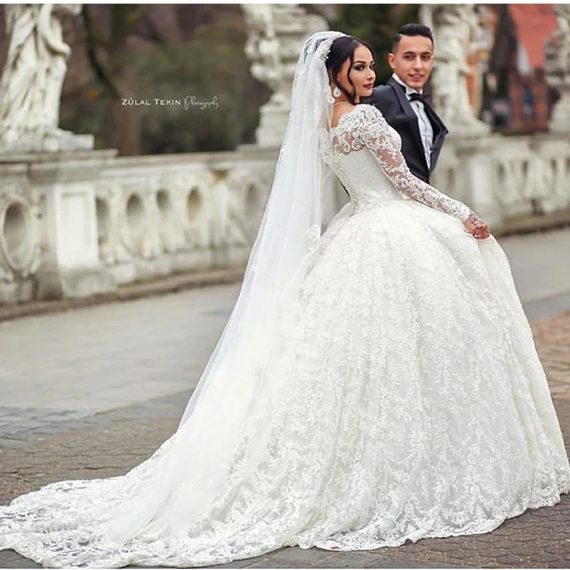 Sheer Long Sleeve Luxury Full Lace Ball Gown Wedding Dress 2017 Bridal