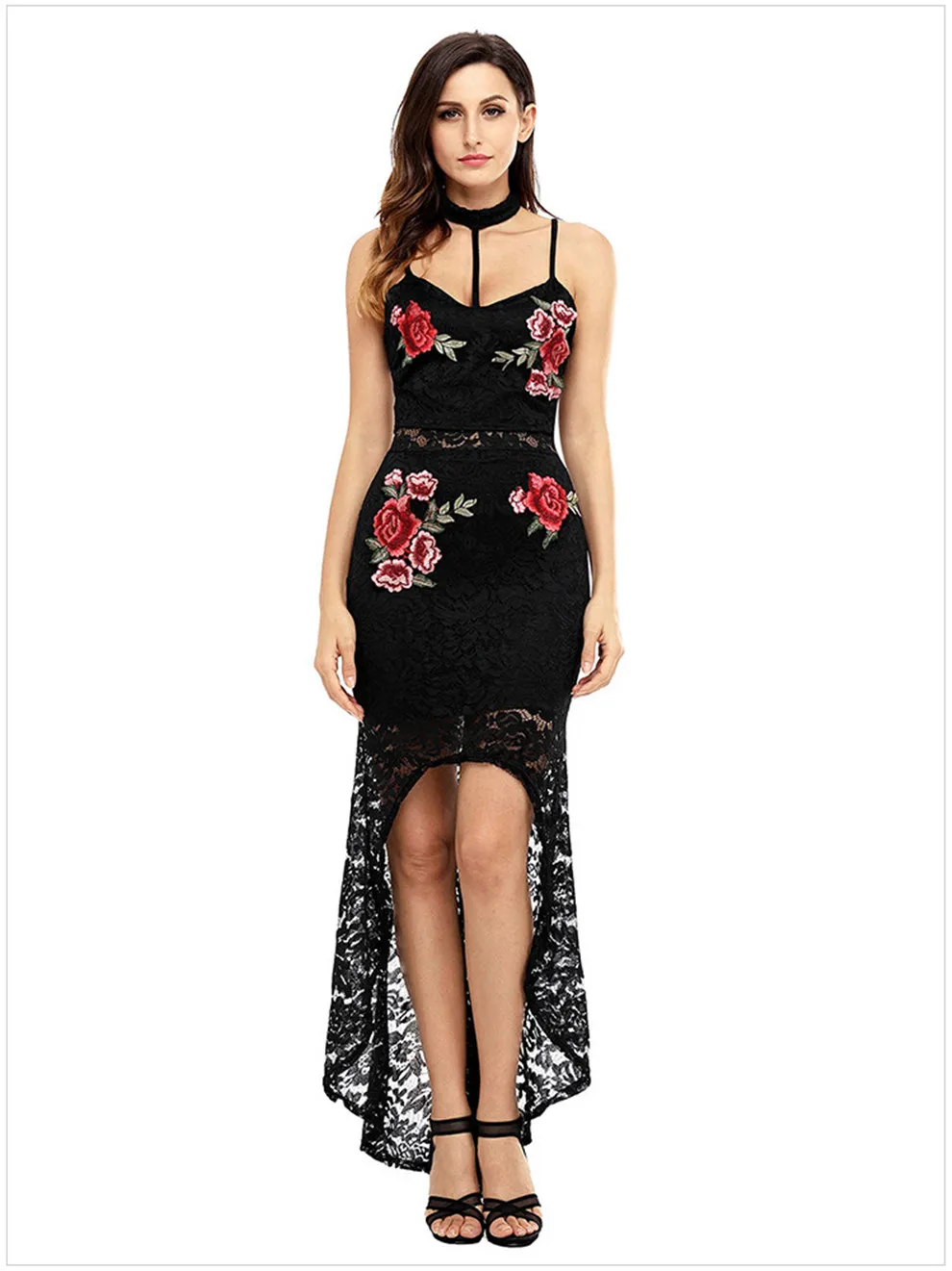  Night Party Sexy Lace Dress Women Maxi Dresses Summer Vestidos Mujer Black Spaghetti Strap Floral Lace Choker High Low Dress (4)