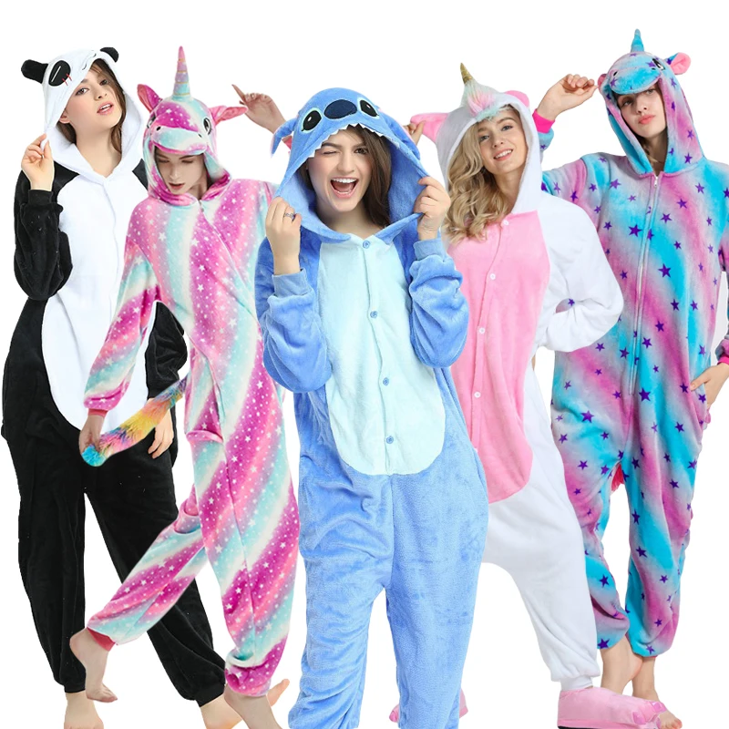 

2019 Adult Onesie Pajamas Stich Panda Unicorn Sleepwear Cartoon Anime Pyjamas Women Men Unicornio Pijama Winter Jumpsuit Costume