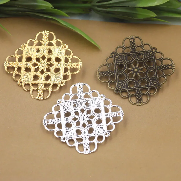 

35mm Brooches Bases Back Pins Settings Vintage Filigree Square Flower Brooches Settings DIY Findings Multi-color Plated Brass