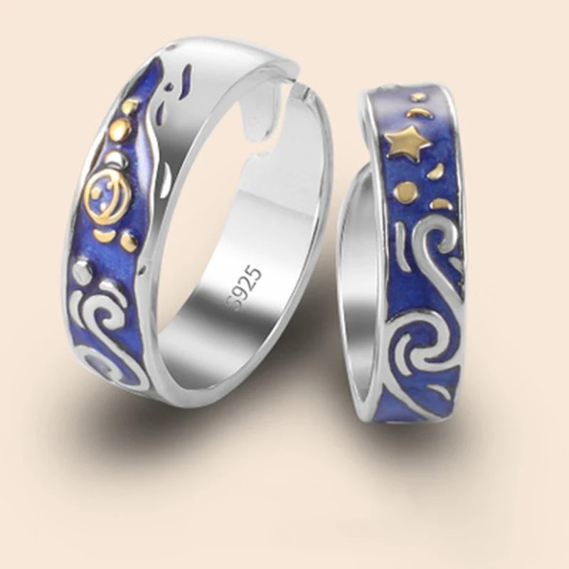 Qevila 2019 Fashion Personalized Rings Customized Van Gogh Enamel Ring 925 Sterling Silver Gold Moon Star Canvas Rings for women (1)