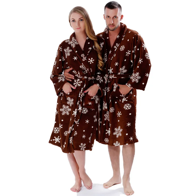 Мягкий теплый зимний халат из кораллового флиса для взрослых с принтом снежно-коричневого цвета размера плюс, парный халат, одежда для сна, халат для мужчин и женщин