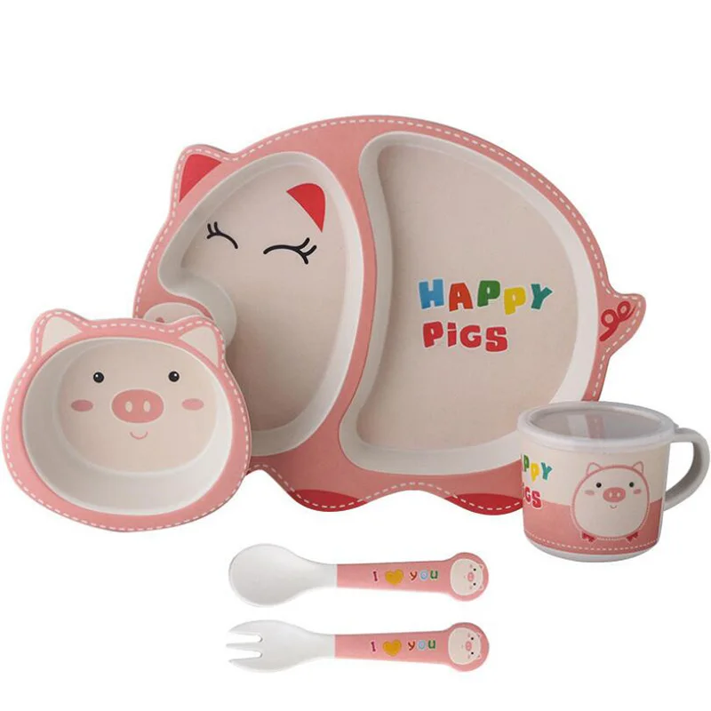 

Cartoon 5Pcs/Set Bamboo Fiber Baby Tableware Feeding Tray Set Children Separation Plate Dishes Bowl Cup Fork Spoon Baby Gifts