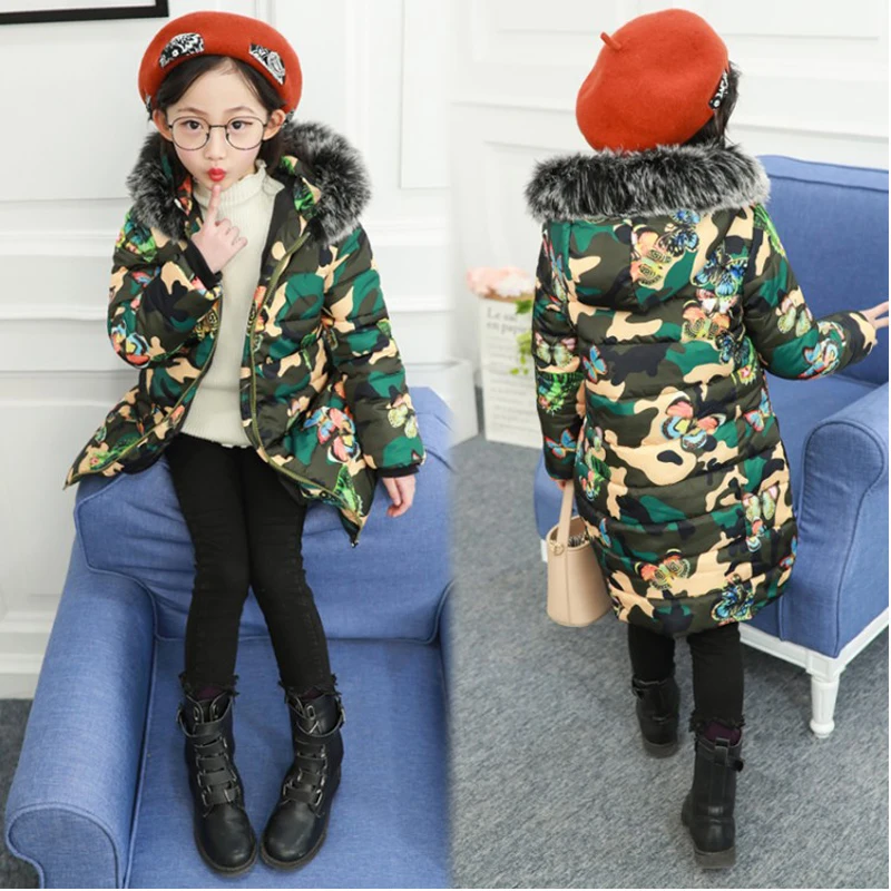 

5-13 years old fur collar Girls Winter coat Children Outwear thickening Printed camouflage butterfly long trench Windproof