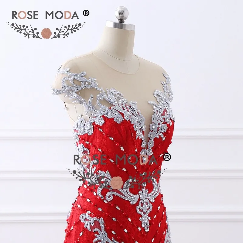 Rose Moda, роскошное Красное Кружевное платье русалки для выпускного вечера, украшенное бисером, с открытой спиной, ручная работа, 3D цветы, жемчужные пуговицы, официальное вечернее платье