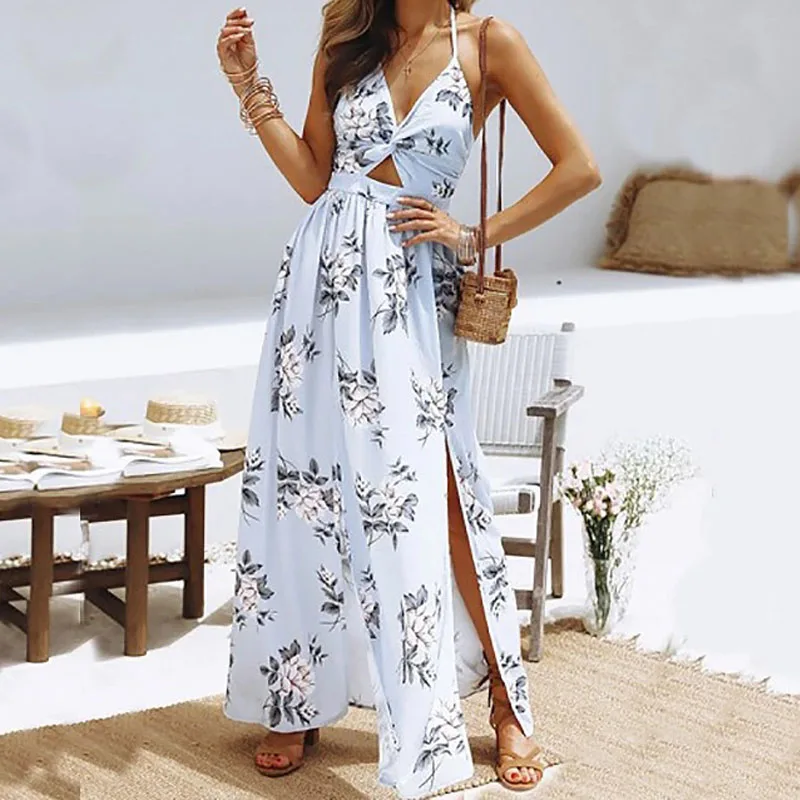 

2019 Summer Women Floral Print Boho Dress Sexy V-neck High Split Beach Long Dress Causal Short Sleeve Sashes Wrap Maxi Dresses
