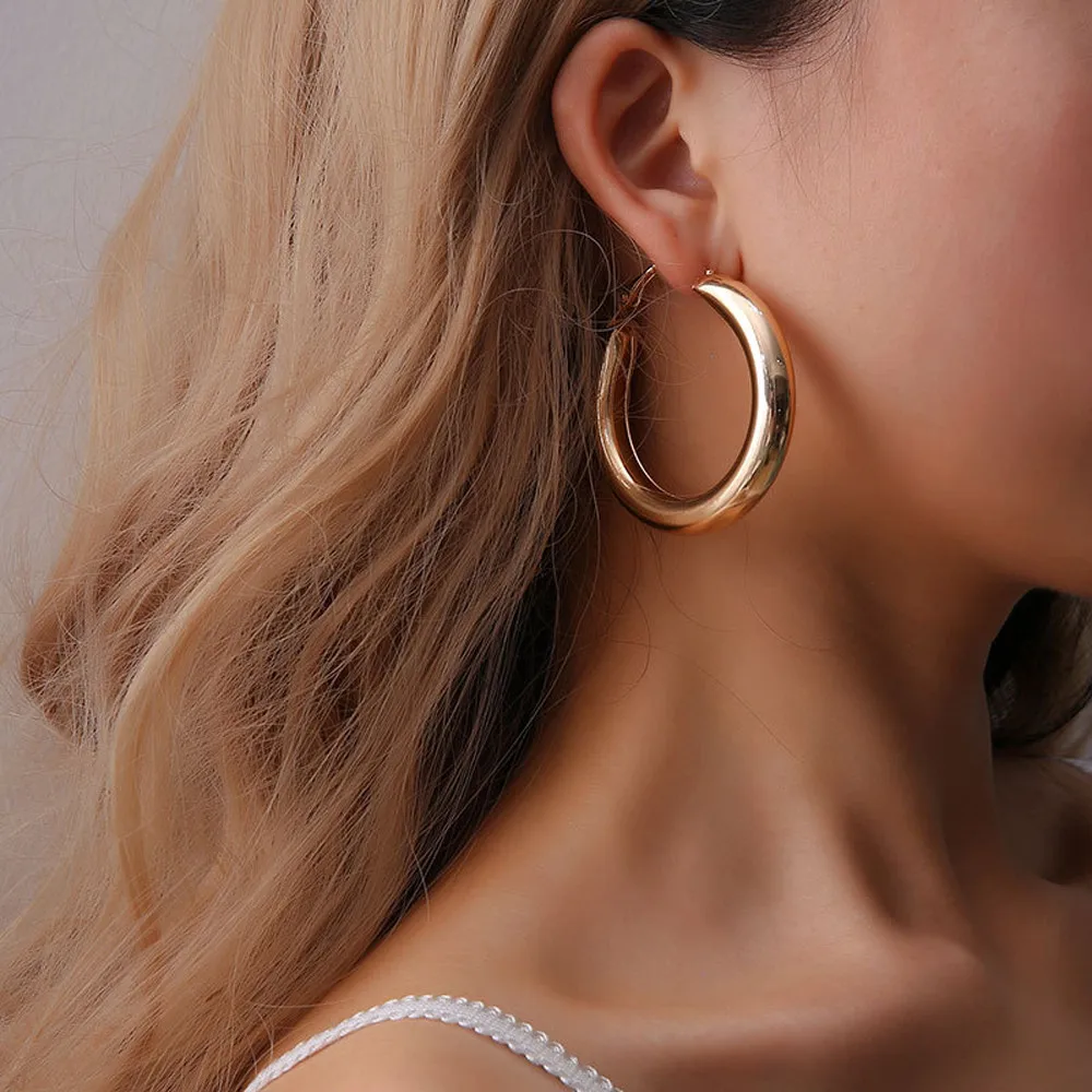 

Punk Rock Minimalist 50mm Thick Tube Big Gold Alloy Round Circle Hoop Earrings pendientes Simple Trendy Gold Sliver Color