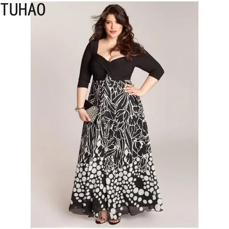 TUHAO осень размера плюс 5XL 4XL винтажное длинное женское платье шифоновое черное
