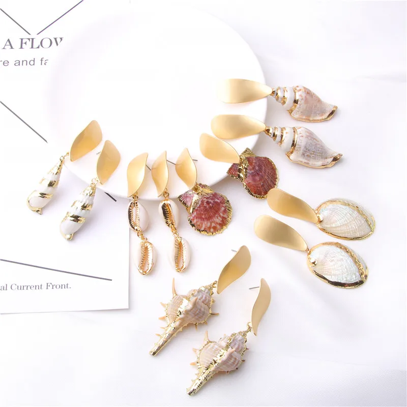 Мода Boho нанизанные бисером серьги для Для женщин Sea shell золотые со стразами