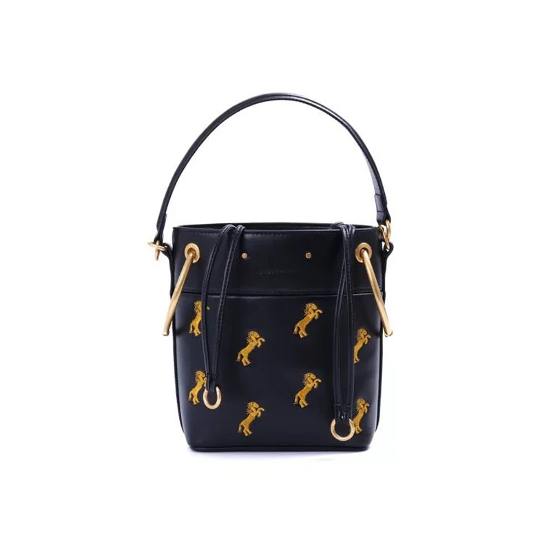

2019 Autumn and Winter New Ring Metal Contrast Color Pony Embroidery Genuine Leather Bucket Bag Fashion Handbag for Women Bolsa