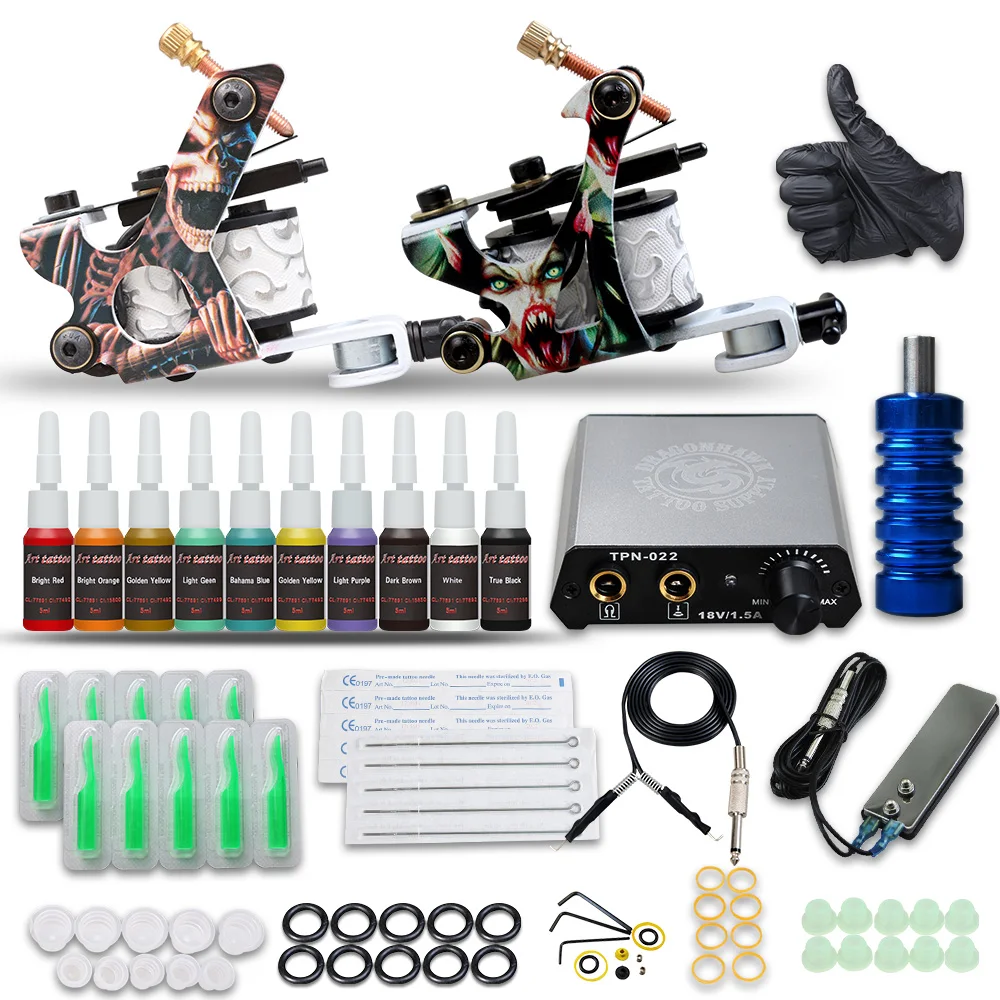 

Beginner Complete Tattoo Kit Supplies 2 Machine Guns color Inks Power supply Needles Grip Tip Set D175GD-17