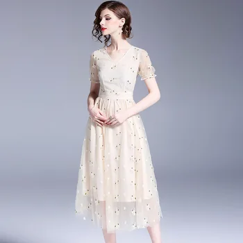 

HAMALIEL High Quality 2018 Summer Midi Dress Vestidos Short Sleeve Mesh Embroidery Floral Woemn Vintage High Waist Party Dress