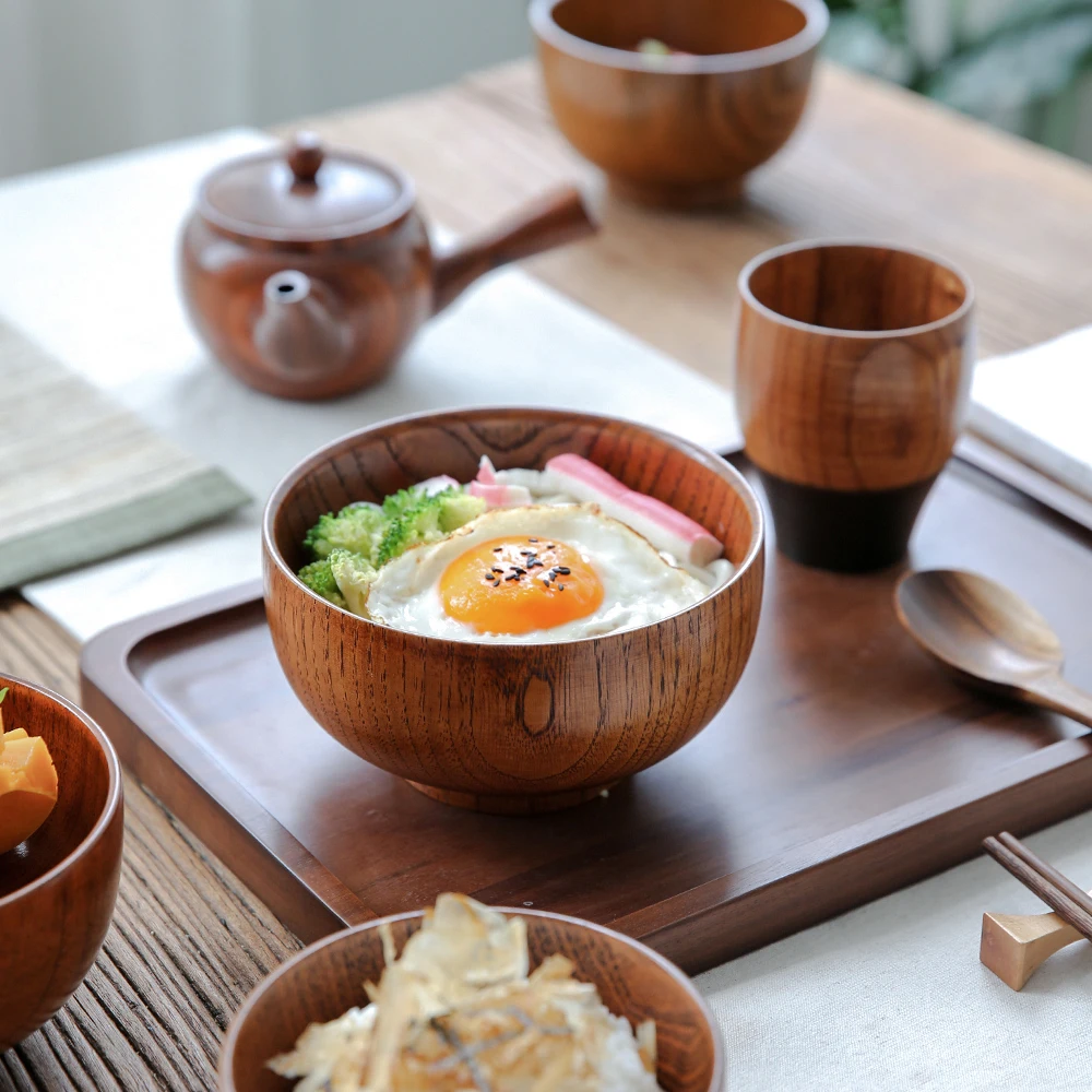 

Japanese Style Wooden Bowl Soup Salad Rice Noodles Bowls Natural Fruit Bowl Ice Cream Bowls Solid Wood Tableware Kitchen Utensil