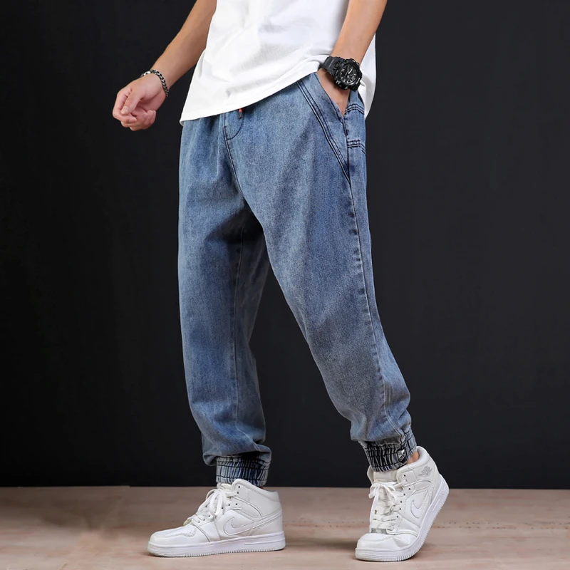 

2019 Summer Male Jeans Easy Solid Blue Color Tide Leisure Bound Feet Haren Striped Pants hip hop streetwear Thick Chinese Style
