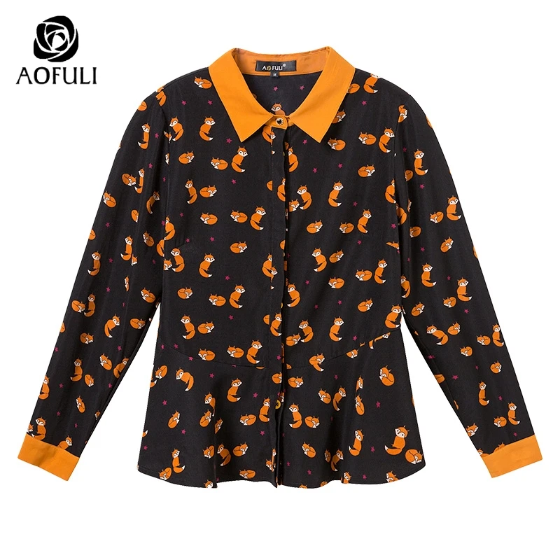 Женская рубашка AOFULI M/L/XL с длинным рукавом принтом лисы на весну и осень B6187|women