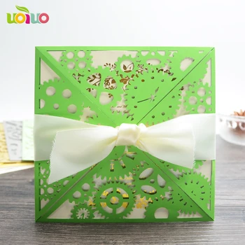 

cream ribbon 10Pcs Sample Laser Cut green Wedding Invitation Card Customizalbe Envelopes & Inner Card & Party Supplies