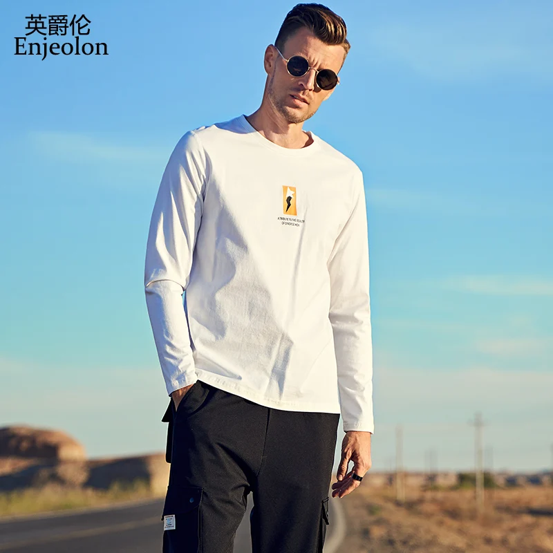 

Enjeolon Brand Autumn Long Sleeved O-neck 100% Cotton Casuall Letter Print T shirt Male Top Tee Shirt Plus Size 3XL RST7412-1