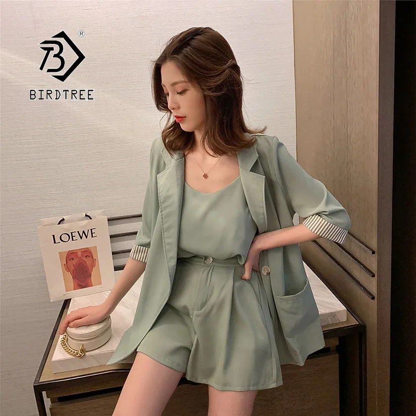 

2019 Chic Summer New Women's Blazer Short Pants Suit Korean Fashion Style Half Sleeve Striped Pockets Design OL Tops S96904D