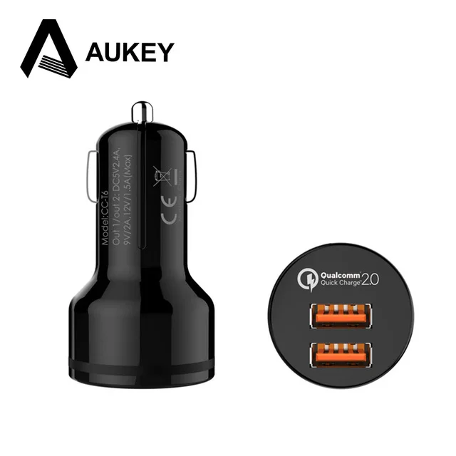 Certified] Aukey 36W 2 Ports Quick Charge 2.0 USB Car charger