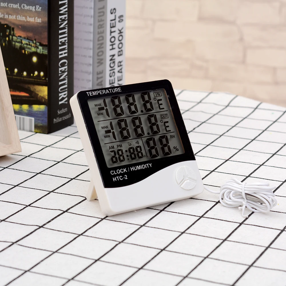 

Digital LCD Thermometer Hygrometer Electronic Temperature Humidity Meter Weather Station Indoor Outdoor Tester Alarm Clock HTC-2