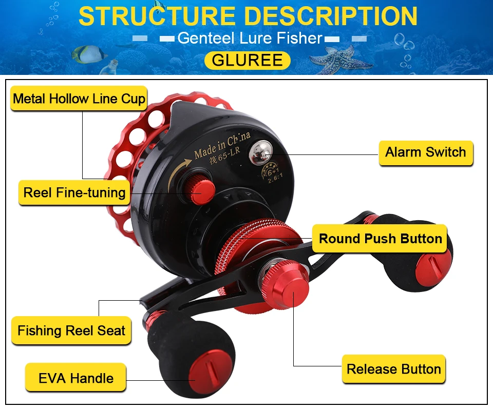 GLUREE Fishing Rafts Saltwater Fly Fishing Reel Metal Line Cup 6+1BB 2.61 RedBlack LeftRight Hand Bait Casting Ice Front Wheel (8)