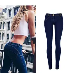 Лидер продаж Новое поступление для женщин темно синие узкие Push Up низкая талия эластичные джинсы Дамская мода удобные узкие брюки