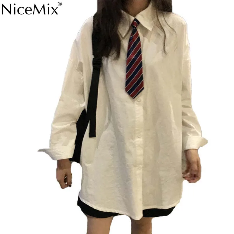 

NiceMix 2019 Summer Preppy Style White Blouse With Neck Tie Long Sleeve Shirts Loose Women Tops And Blouses Blusas Camisas Mujer
