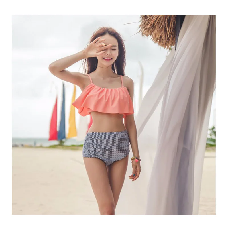 

Riseado High Waist Swimwear Women New 2017 Ruffle Vintage Bikini Swimsuit Bandage Striped Bottom Bathing Suits