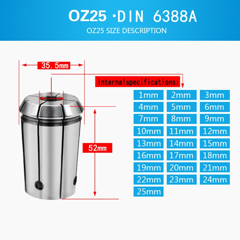 Пружинный цанговый патрон OZ25 DIN 6388A диапазон от 3 4 5 6 7 8 9 10 11 12 13 14 15 16 17 18 19 20 21 22 23 24 до