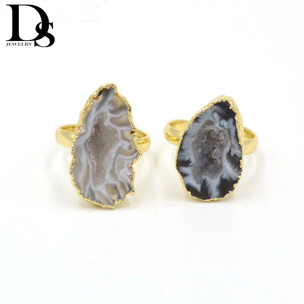 

DS Natural Agate Geode Slice Ring Drusy Quartz Crystal Cluster Ring Reiki Healing Crystal Stone Woman Jewelry Wedding Gifts