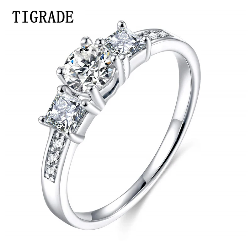 

TIGRADE 925 Sterling Silver Ring CZ Cut Three Round and Square Stone Engagement Rings Party Jewelry Gifts For Lady bague