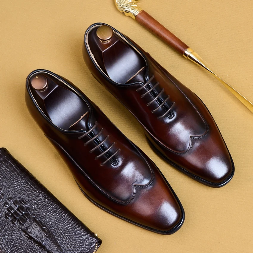 

2019 Classic Genuine Leather Formal Dress Wingtip Brogue Shoes Basic Designer Square Toe Handmade Men's Wedding Oxfords AS128