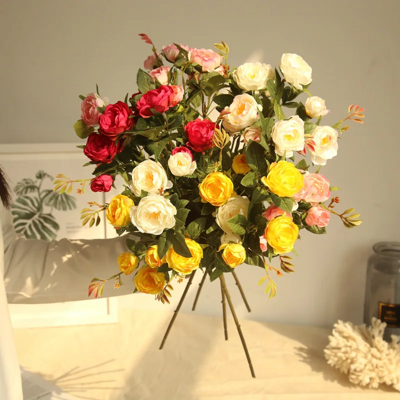 5 Heads Branch Tea Rose Artificial Flower Silk White Red Wedding