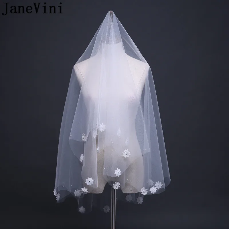 

JaneVini Ivory Bridal Veil Pearl Cut Edge Soft Tulle Handmade Flowers Applique Short Wedding Veil for Bride No Comb Accessories