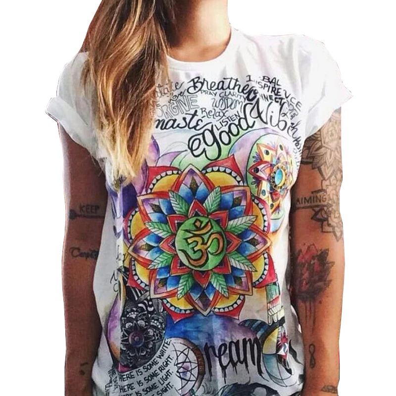 

Fashion 2017 Summer Colorful Printed T shirt Women Fashion Letter Short Sleeve O neck Chic Cotton T-shirts Female