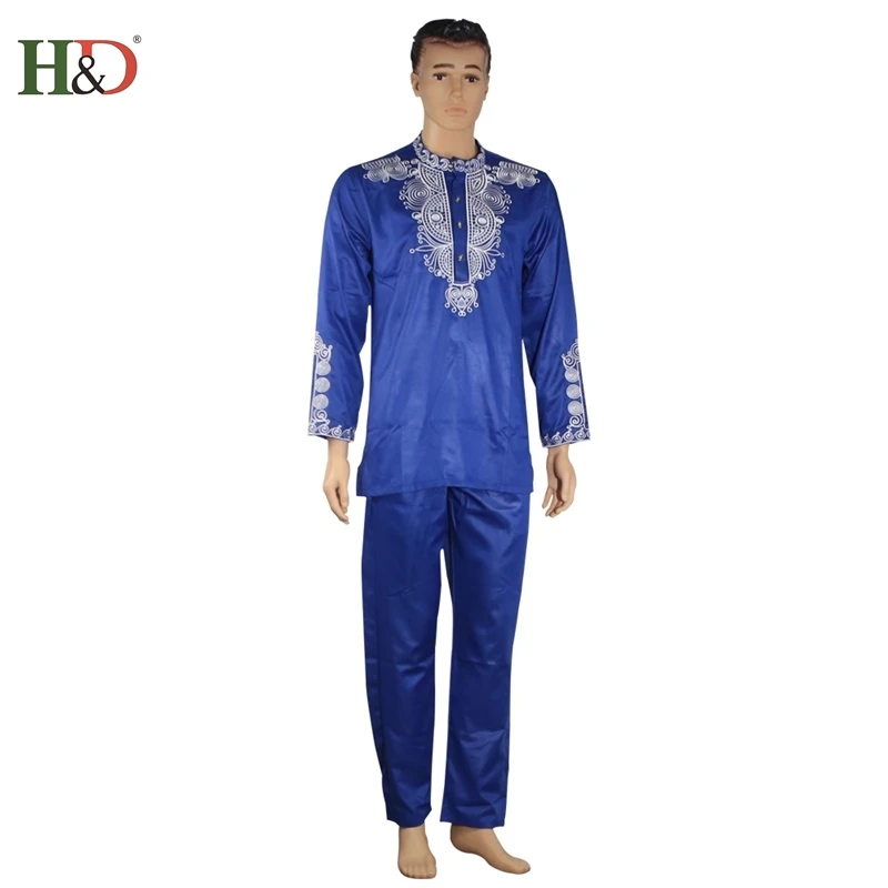 Африканская мужская одежда традиционная Дашики африканская мужская одежда комплект из топа и штанов 2 шт - Цвет: Blue