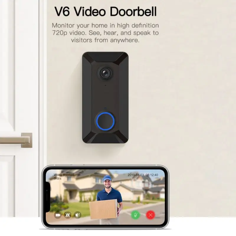 

V6 Wireless Smart Doorbell, 720P WiFi Connection Two-way Audio Battery-operated Night Vision Doorbell With Camera
