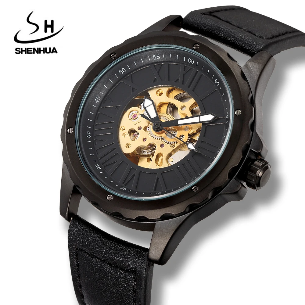 

Shenhua Mens Fashion Black Mechanical Big Roman Skeleton Watches Steampunk Power Automatic Self Winding Leather Watch Colck Men